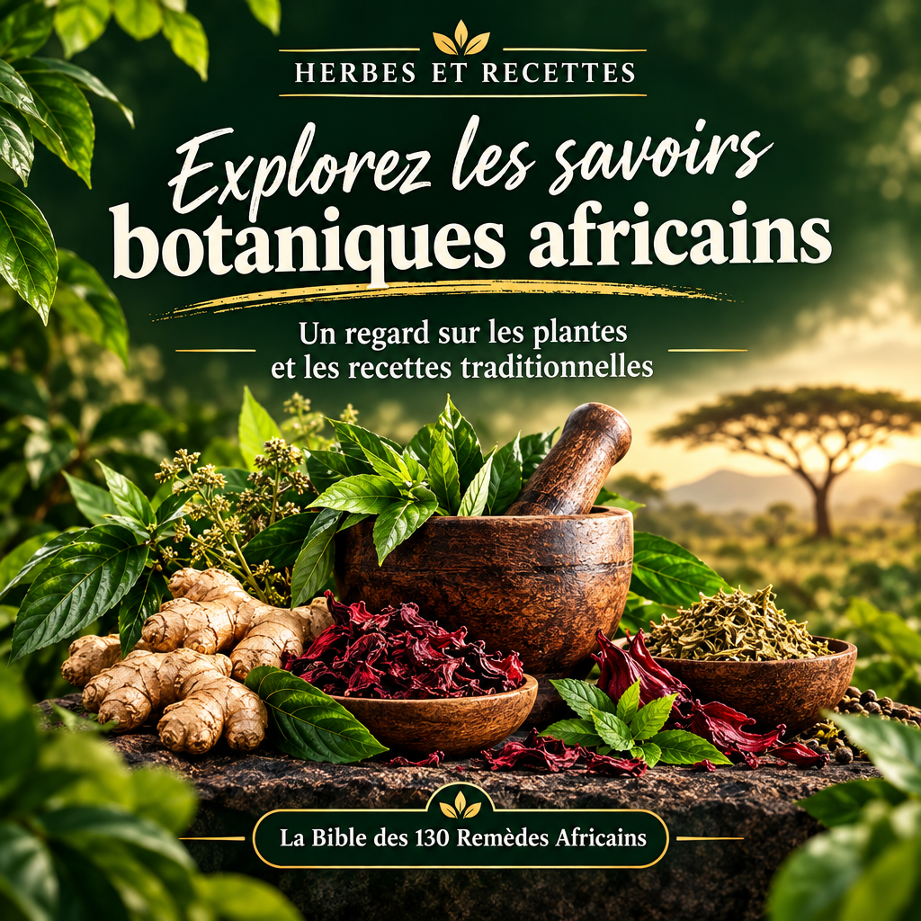Explorez les savoirs botaniques africains : composition de plantes et ingrédients dans un décor vert et noir, Herbes et Recettes.